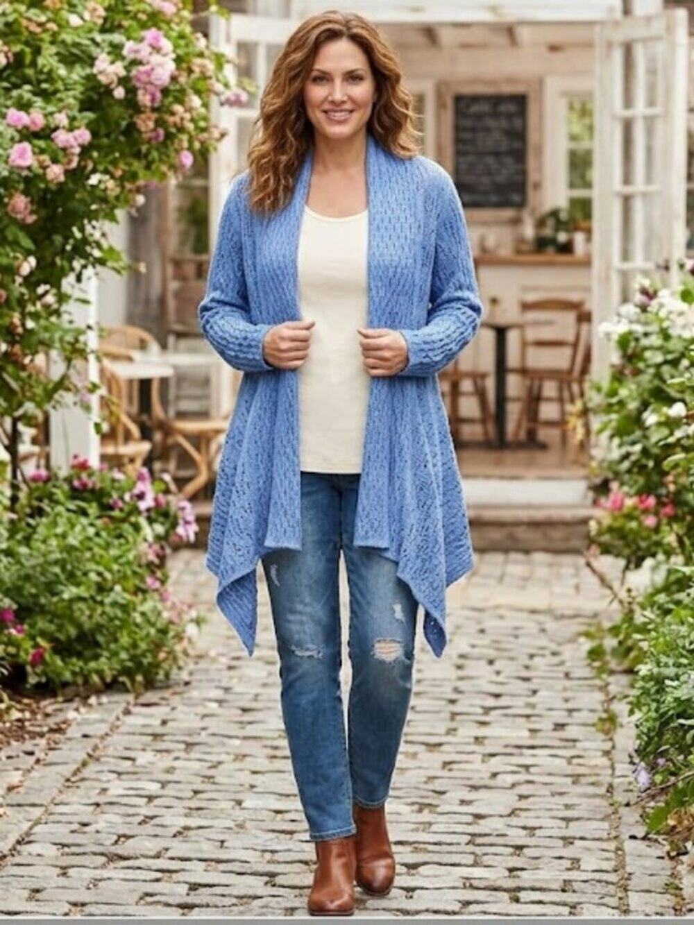 Woman Within Blue Draped Waterfall Knit Cardigan Sweater L - Ramie Cotton